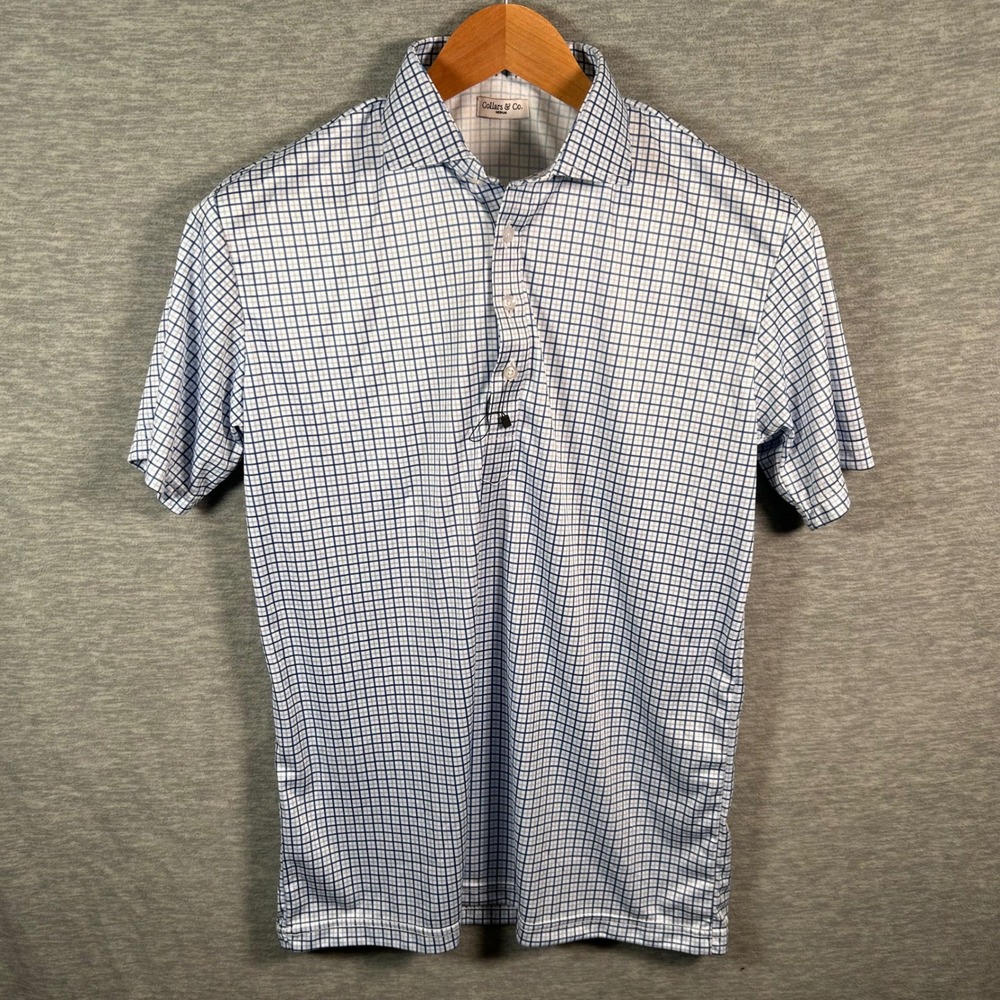 Collars & Co Dress Collar Polo Shirt Mens Medium Blue White Check  Business NWOT - Picture 2 of 7